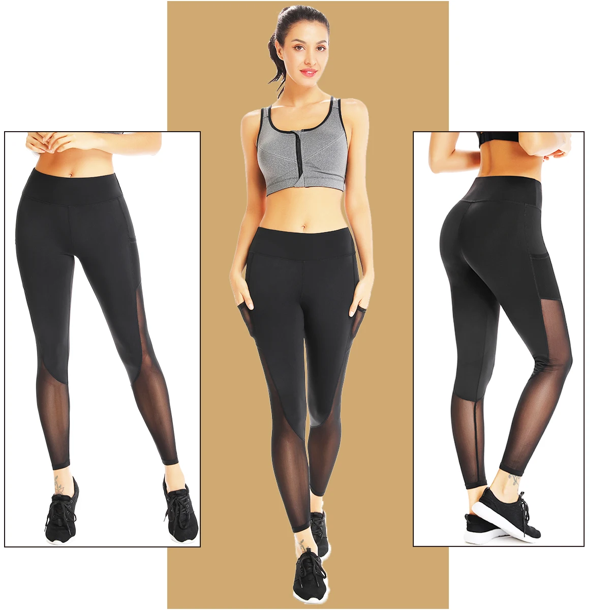 Женские леггинсы сетчатые для фитнеса с карманами высокая талия формирователь