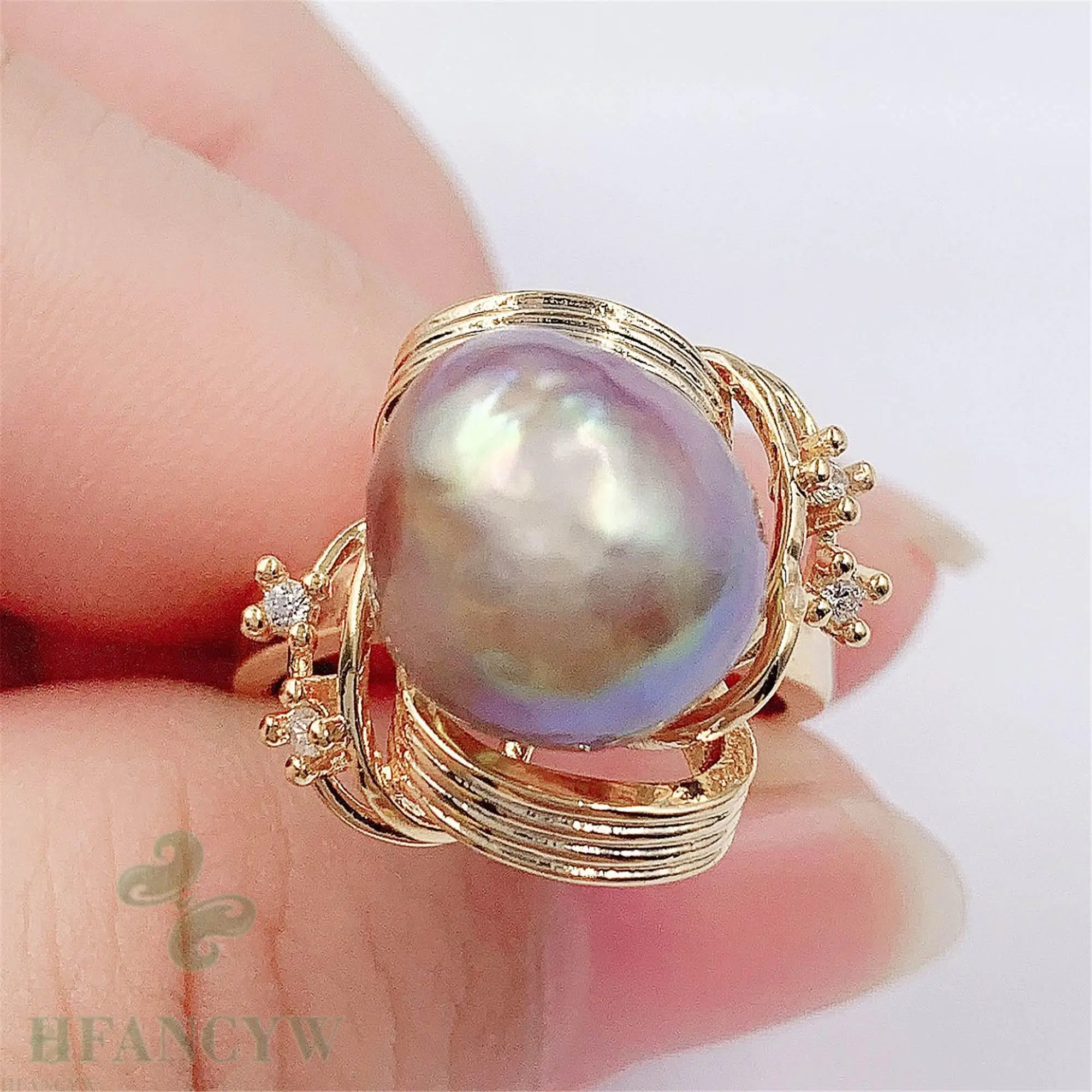 Многоцветное открытое регулируемое кольцо из циркона в стиле барокко с жемчугом