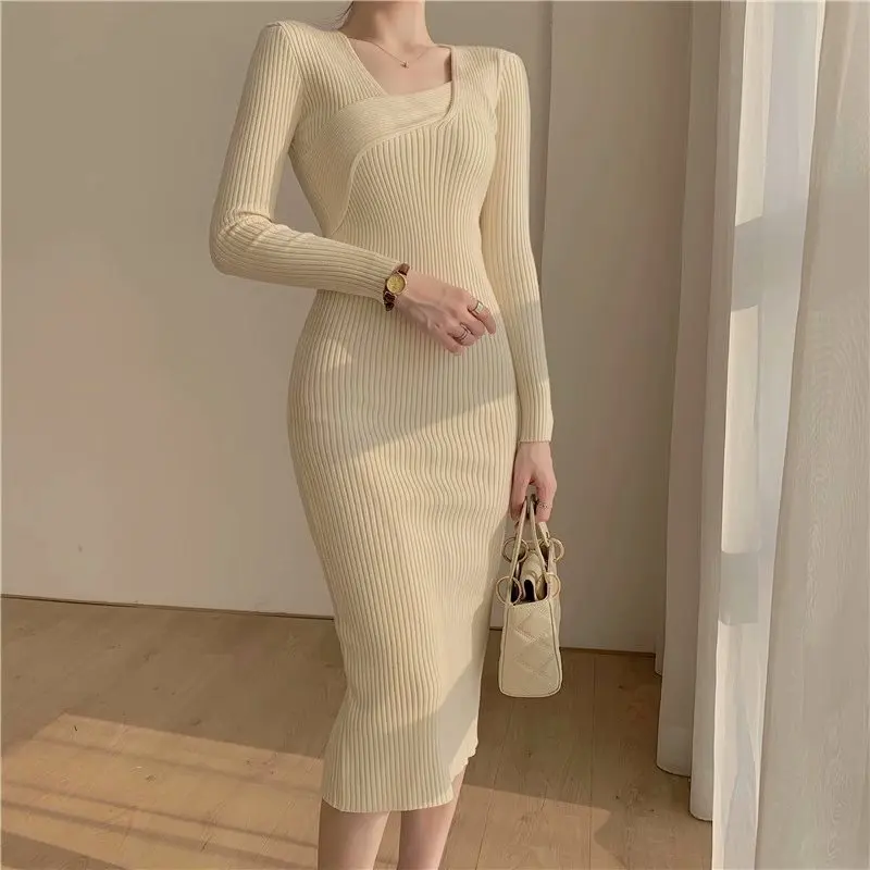 

Solid Apricot Black Jumper Dresses Sweater Dress Women 2022 Winter Clothes Casual Korean Woman Thick New Warm Knitted Pollover