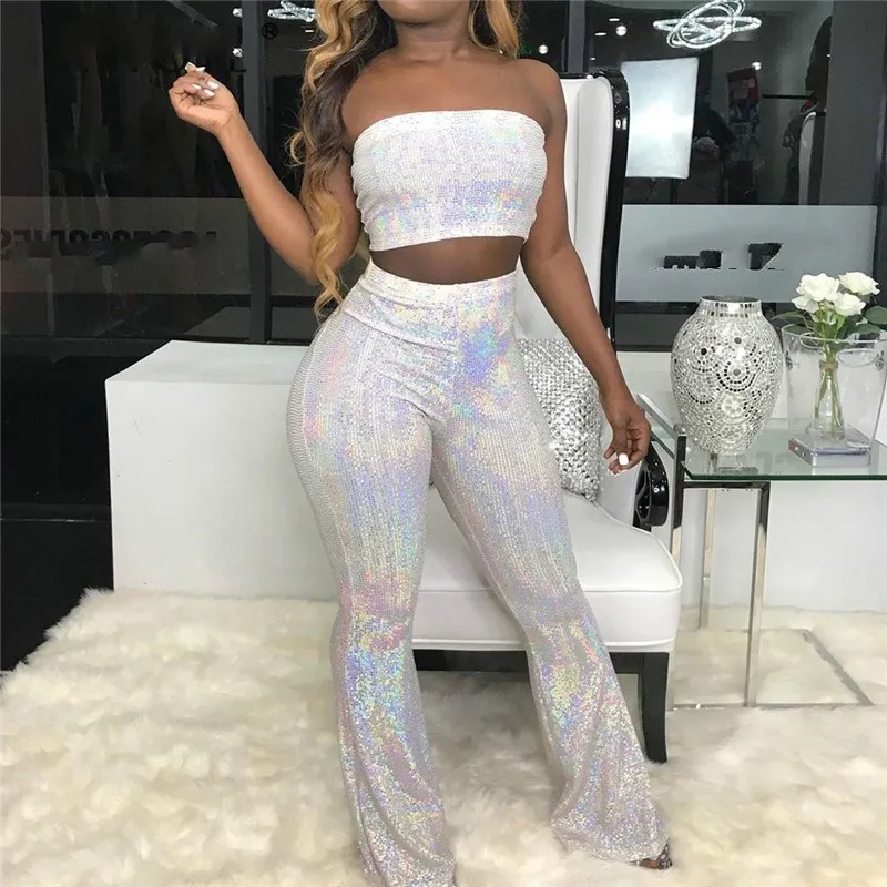 Сексуальный Серебряный Блестящий Комбинезон из двух частей Однотонный женский