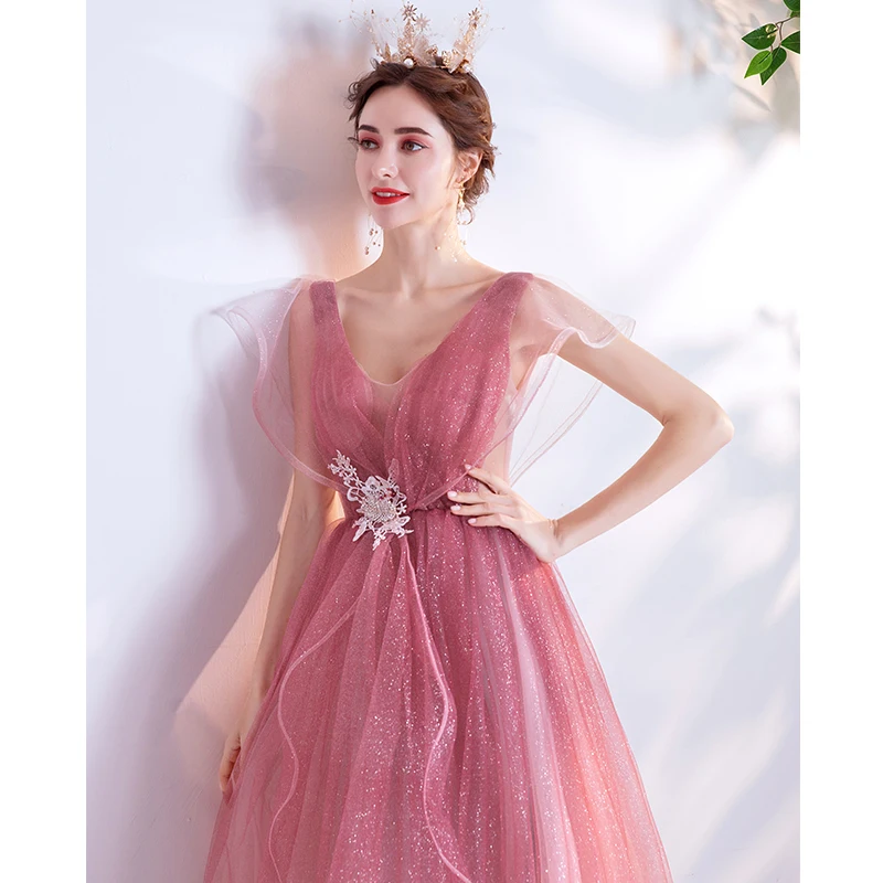Pink Evening Dress A-line V-neck Sequins Tulle Long Formal Elegant 2020 New Party Dresses Gowns Vestido De Festa JK82 | Свадьбы и