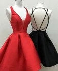 Короткое сатиновое черное платье с v-образным вырезом и карманами для выпускного вечера, красное платье длиной до колена с перекрещивающимся верхом на спине, Abendkleid Robes de Soire для женщин