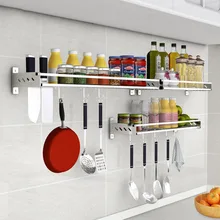 Kitchen Wall Shelf  Storage Rack Punch Free Stainless Steel Seasoning Box Cookware Hanging Organizer Shelf Storage Rack Holder