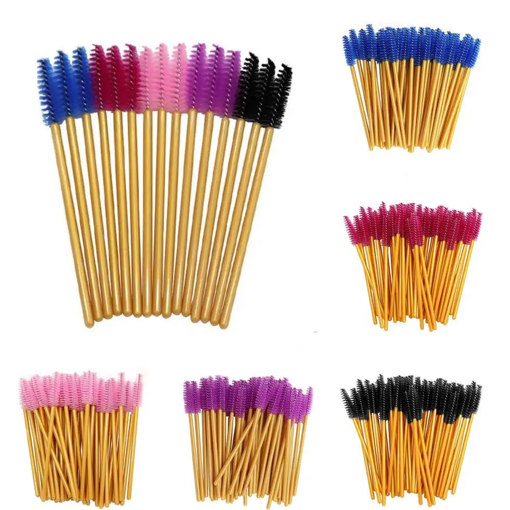 50Pcs/Pack Disposable Micro Eyelash Brushes Mascara Applicator Wand Brushes Comb Eye Lashes Brush Makeup Tools Gold Handle