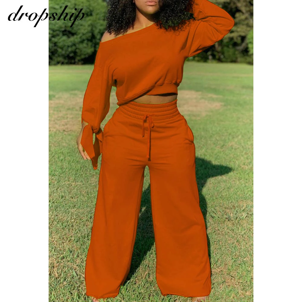 

Women's Set Long Sleeve Off Shoulder Top And Loose Pants Suit Active Wear Tracksuit Two Piece Set Fitness Outfit