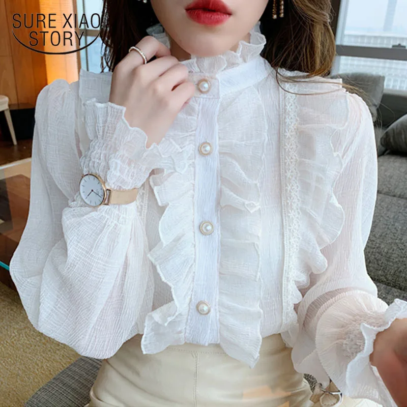 

Elegant Sweet Chic Long Puff Sleeve Women Blouse Korean Ruffle Lace Chiffon Shirt Apricot Tops Stand Collar Clothes Blusas 13433