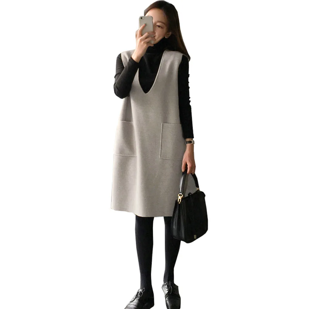 Комплект из двух предметов осенне зимний теплый однотонный Длинный жилет платье