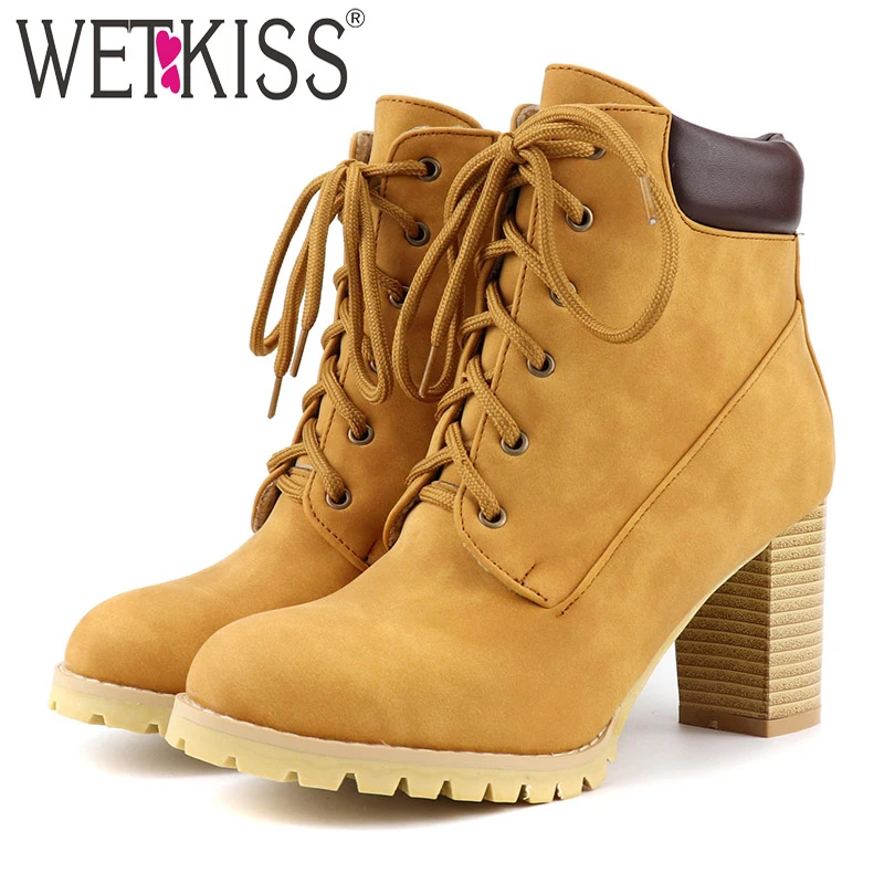 Женские мотоциклетные ботинки WETKISS Зимние ботильоны на высоком каблуке с круглым