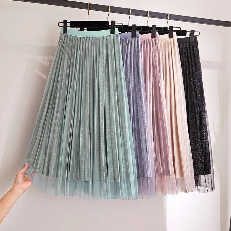 GIGOGOU люрекс Женские Плиссированные Юбки миди Весна Лето шик леди Высокая талия