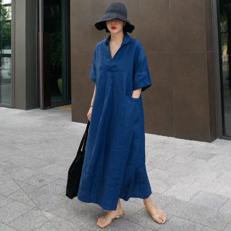 

Geskeey Women Vintage Cotton Linen Dresses V-Neck Solid Color Robes Newest 4 Seasons Short Sleeve Pockets Female Loose Dresses
