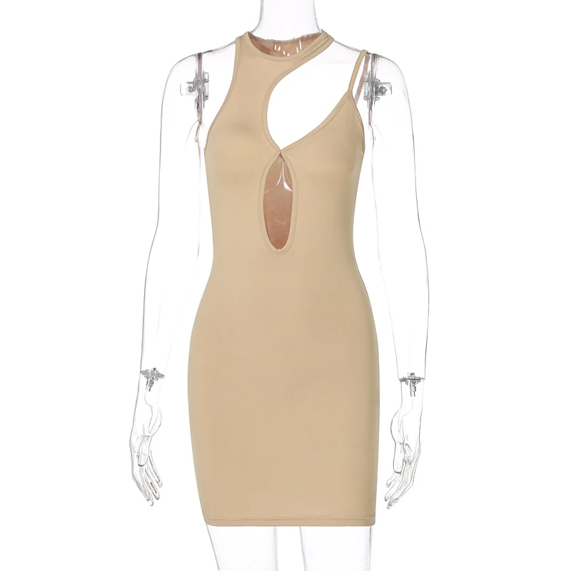 

2021 New Women Dresses Sexy Hollow Out Fashion Female Dress Personality Round Neck Mujer Solod Color Clothes Dresses Mini Dress