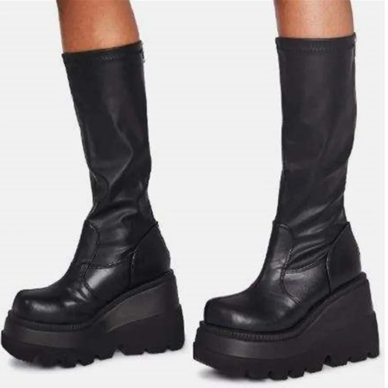 

Женские модные сапоги на платформе, сапоги до середины икры на высоком массивном каблуке и танкетке, Повседневная брендовая зимняя женская ...