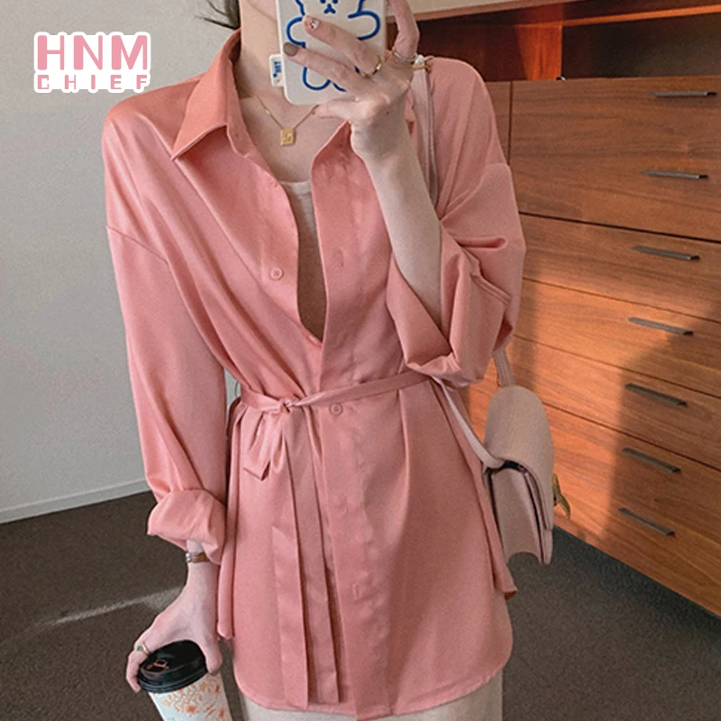 

HNMCHIEF Pink Sleepshirt Robe Button Down Nightshirt with belt Sexy Sleepwear Women Long Sleeve Soft Sleep Tops Comfy Pajama Top
