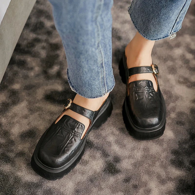 

Round Toe Shoes For Women Platform Genuine Leather Japanese Style Shoes Woman 2021 Spring Working Chunky Heels Pumps