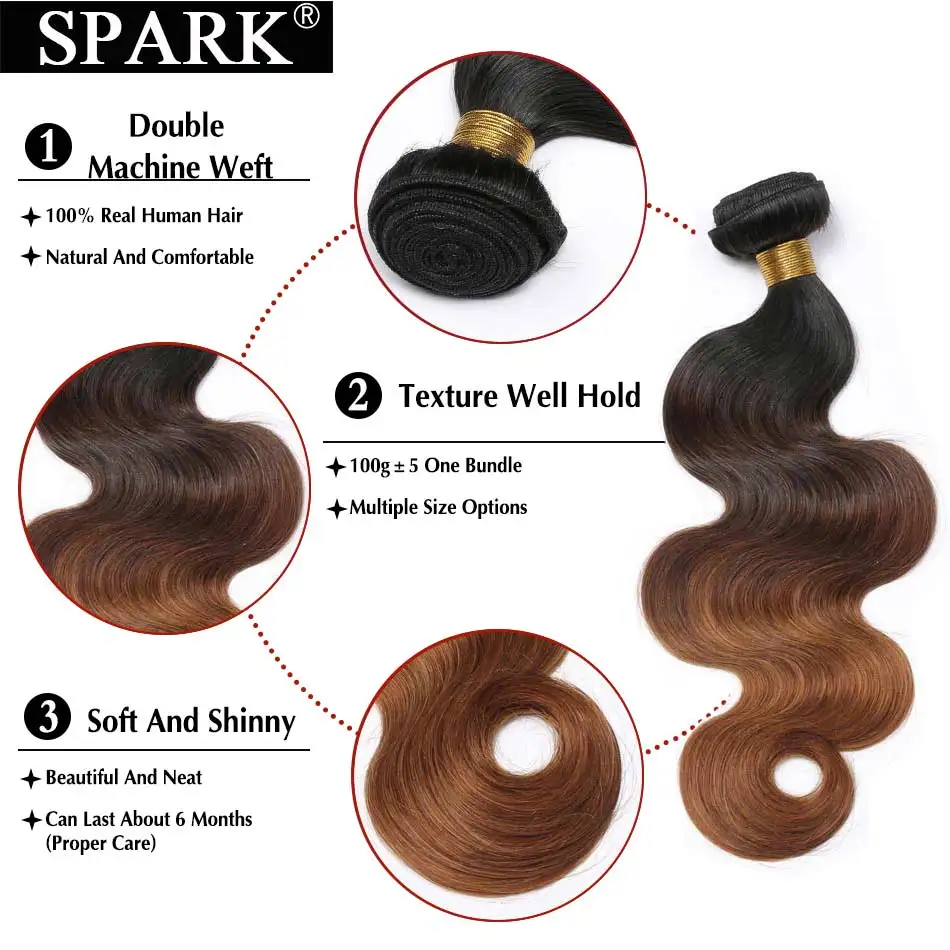 Spark Human Hair Ombre Color Brazilian Body Wave Extensions 3/4 Bundles 10-26 Inch L Remy Weaves | Шиньоны и парики