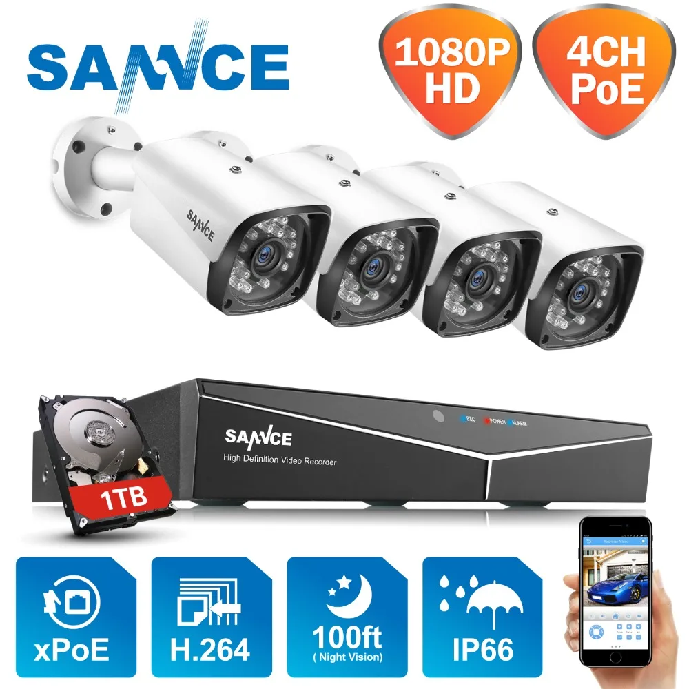 SANNCE 4CH 2MP XPOE H.264 Система безопасности видео 4 шт. 1080P наружная Водонепроницаемая инфракрасная ip-камера ночного видения беспроводной NVR комплект