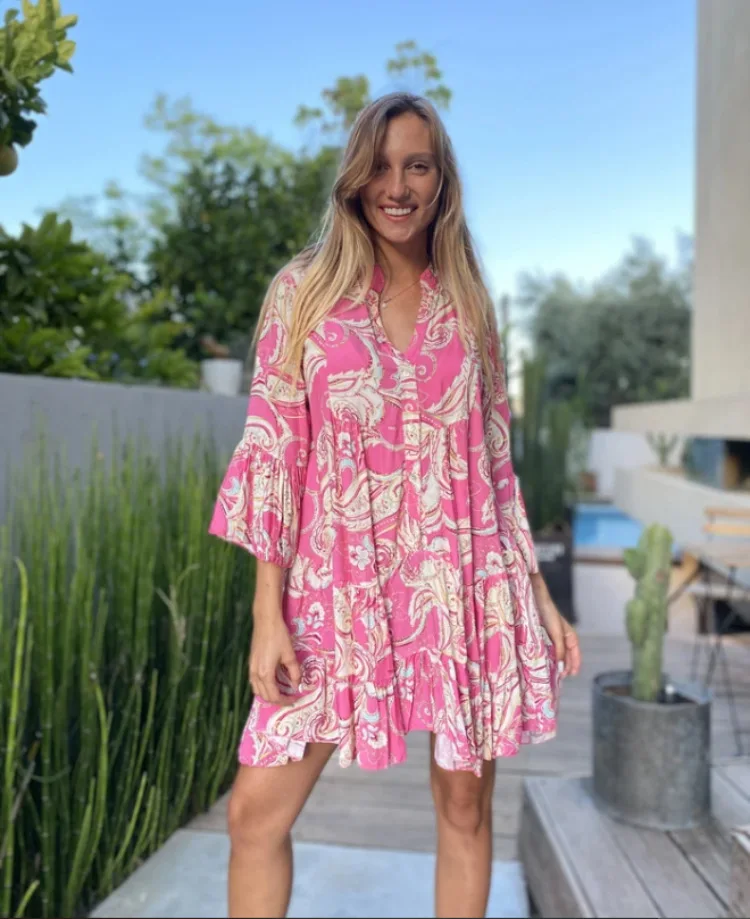 

2021 European and American spring and summer new ladies dresses hot sale V-neck printed flared sleeve skirt