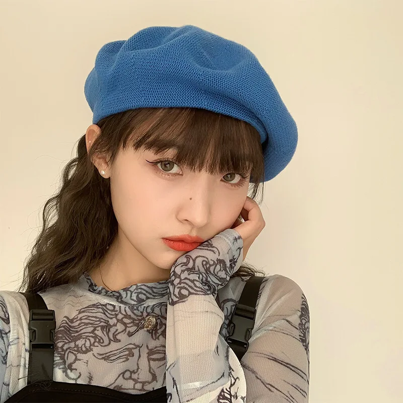 

Blue Beret Hat Female Spring and Summer Thin Knit Retro Japanese Trendy Big Head Circumference Painter Pumpkin Hat Buddy Hat