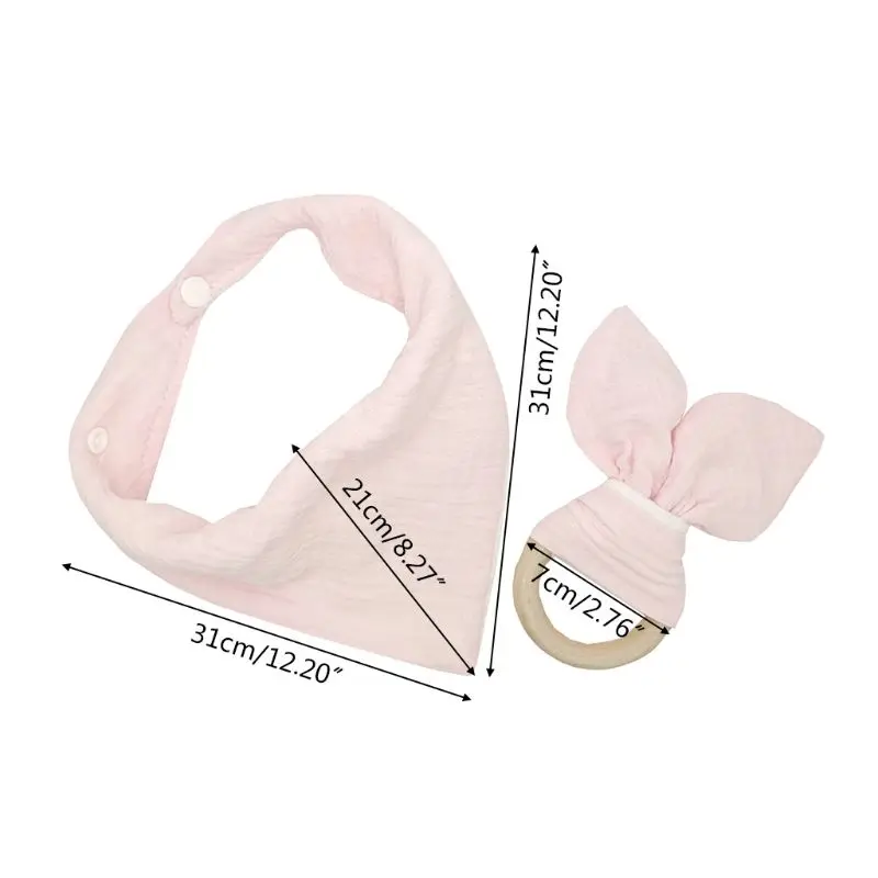 

2Pcs Baby Cotton Bib Wood Ring Pacifier Teether Set Snap Button Triangle Scarf Infant Feeding Saliva Towel Soother Molar Toys