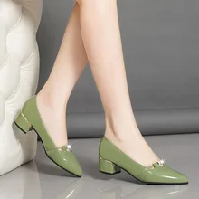 Lady Fashion Sweet Green High Quality Pu Leather Slip on Heel Shoes for Office Party Night Club Women Shoes (1)