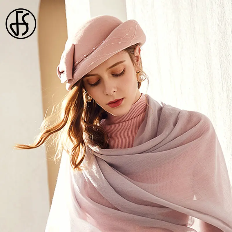 Женский шерстяной берет FS фетровый во французском стиле с жемчужинами зимний