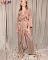 solid sleepwear women satin robes with sashes 2 piece set wrist sleep tops silk pants loose pajamas casual female home suits new