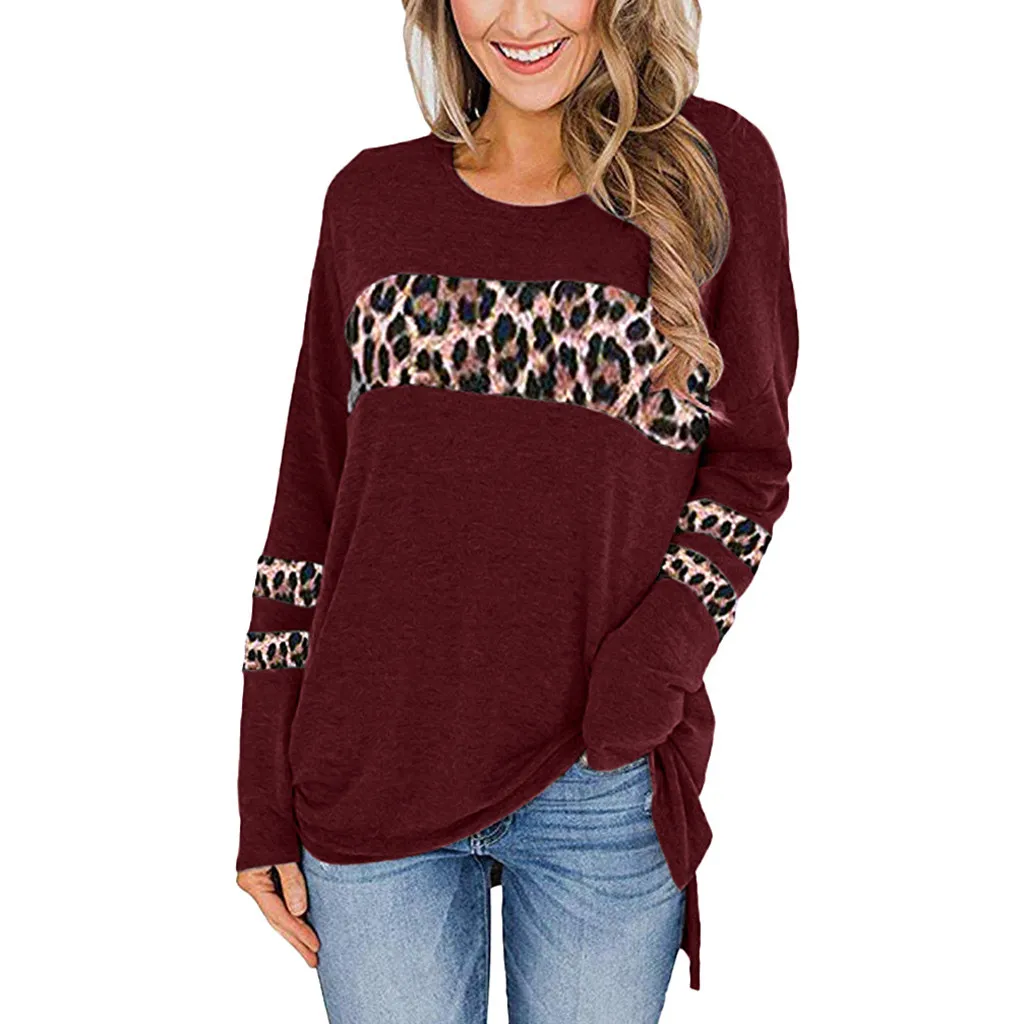 JAYCOSIN Long Sleeve T Shirt Women O-Neck Casual Leopard Print Split High Low Tunic Loose tshirt Tops Tee harajuku | Женская одежда