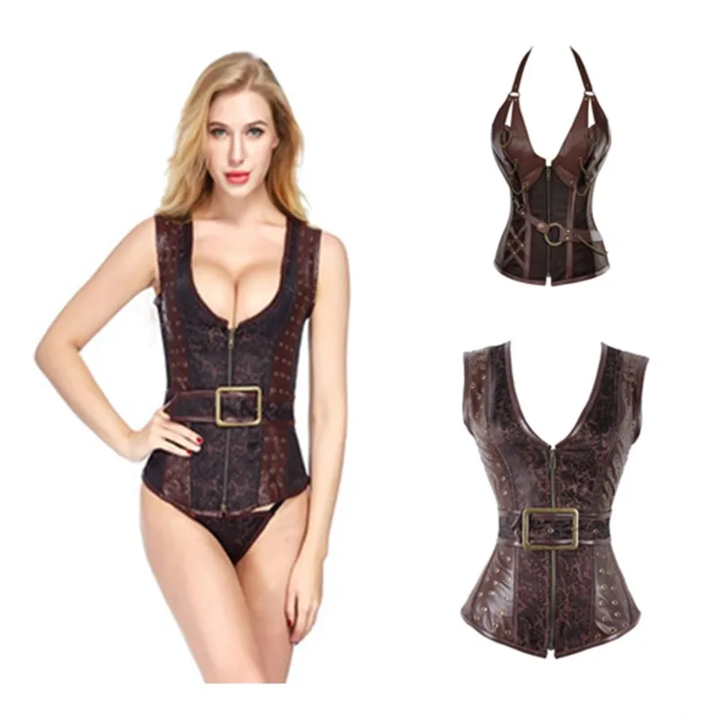 6XL Корсет в стиле стимпанк искусственная кожа шнуровка косточки с цепочками