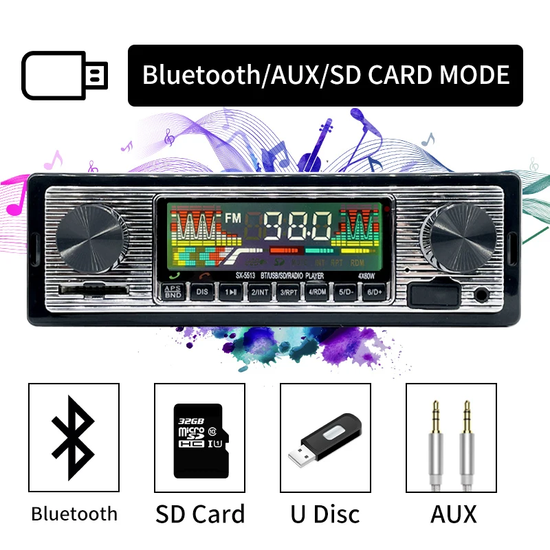 

Автомагнитола 1 DIN, стерео, FM, Bluetooth, MP3, аудио плеер, громкая связь, цифровой FM USB/SD с входом Aux В приборную панель