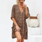 Платье женское мини с леопардовым принтом, модное пляжное с глубоким V-образным вырезом, на пуговицах, в стиле бохо, лето 2021