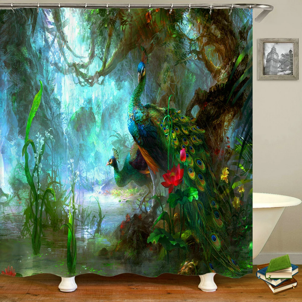 

Peacocks Printed Fabric Shower Curtains Birds Bath Curtain Waterproof Polyester Bathroom Bath Screen Decoration with 12 Hooks