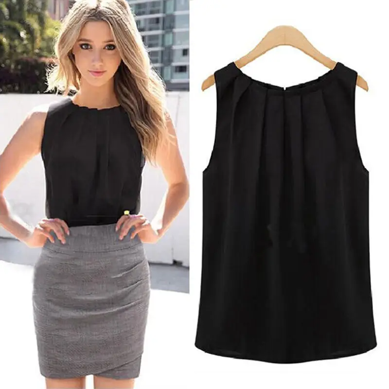 

M-XXL Women Tropical Blouses Roupas Femininas Sexy Fold Sleeveless Chiffon Ladies Blouses Casual Tops Clothing