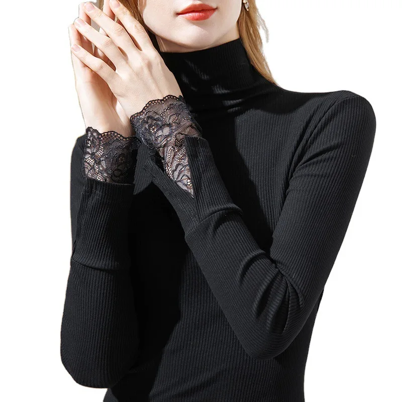 

Half-high collar bottoming shirt Women go out to take long-sleeved modal T-shirts and lace trumpet sleeves tops