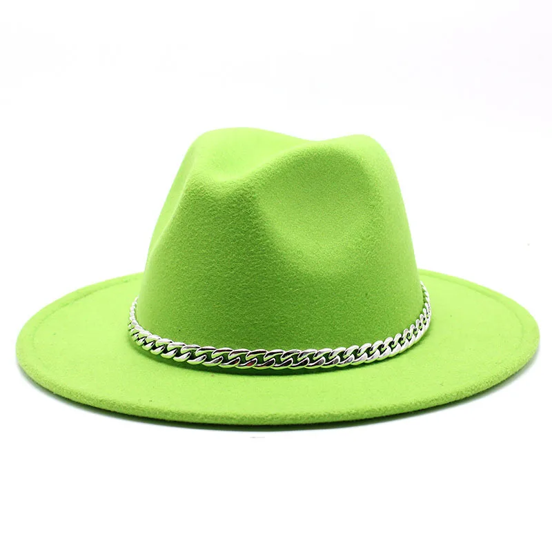 

Autumn Winter Warm Chain Retro Flat Brim Elegant Straight Brim Big Brim Jazz Hat All-match Big Brim Woolen Top Hat Gentleman Cap