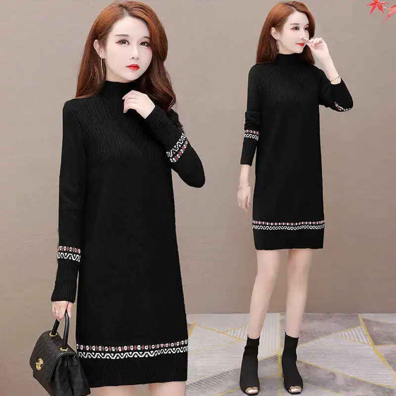 

Fleece/Not Fleece Mid-Length Sweater Women's Dress Autumn and Winter New Long Sleeve Loose Western Style Knit Low Waist Jersey