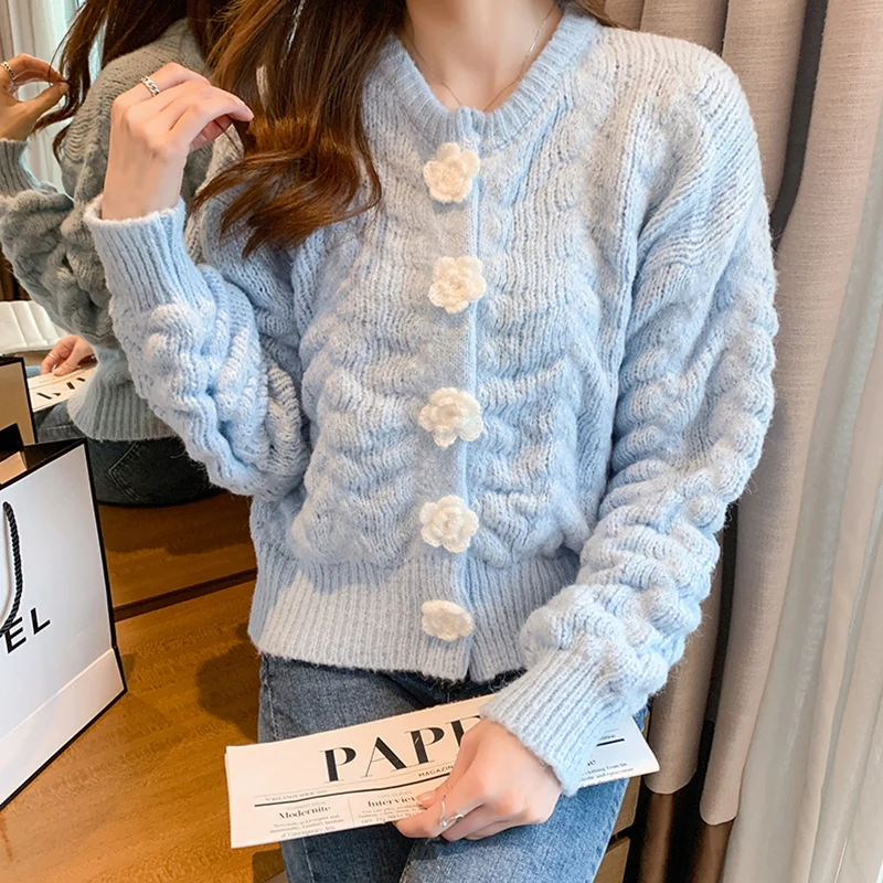 

JSXDHK милые дизайнерские осенний Укороченный трикотажный кардиган, Модный женский вязаный синий шикарный свитер с длинным рукавом и пуговиц...