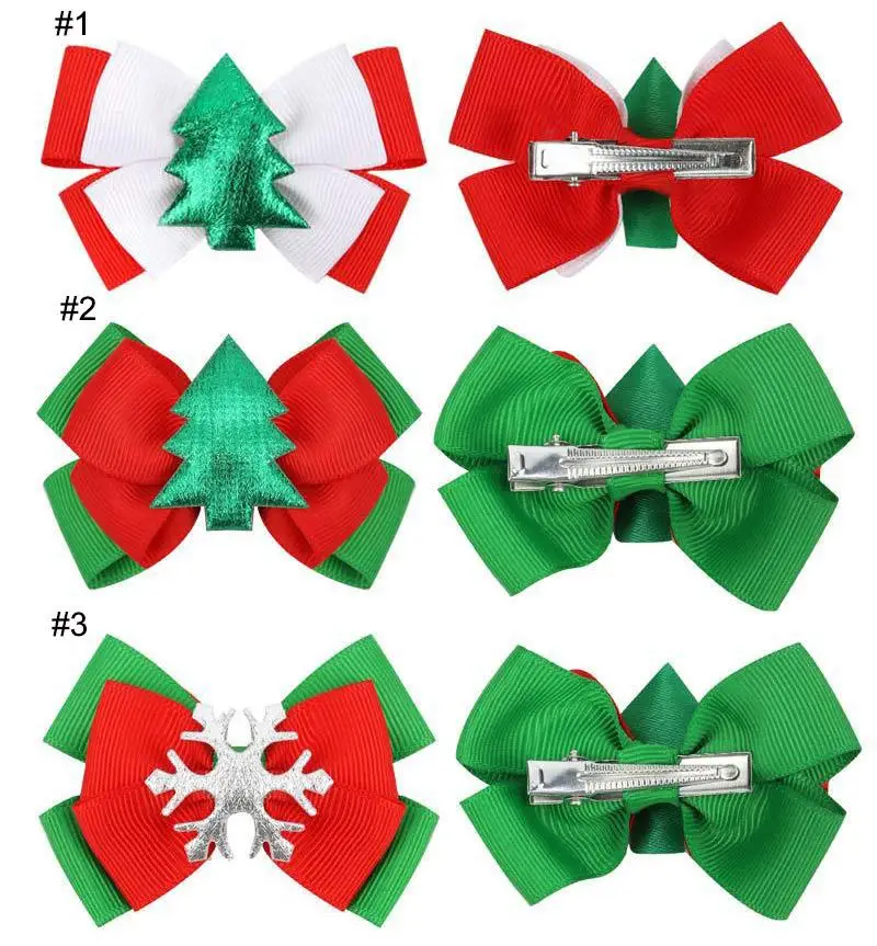 

Baby Girls Ribbed Bow Hairpin Xmas Tree Double Bow Hairpin Christmas Party Headdress Children Hair Accessories