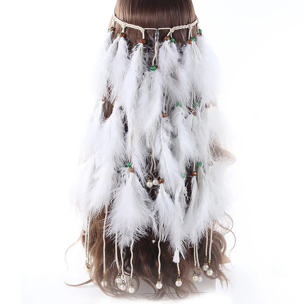 Повязка на голову с белыми жемчужинами в стиле бохо обруч богемными перьями