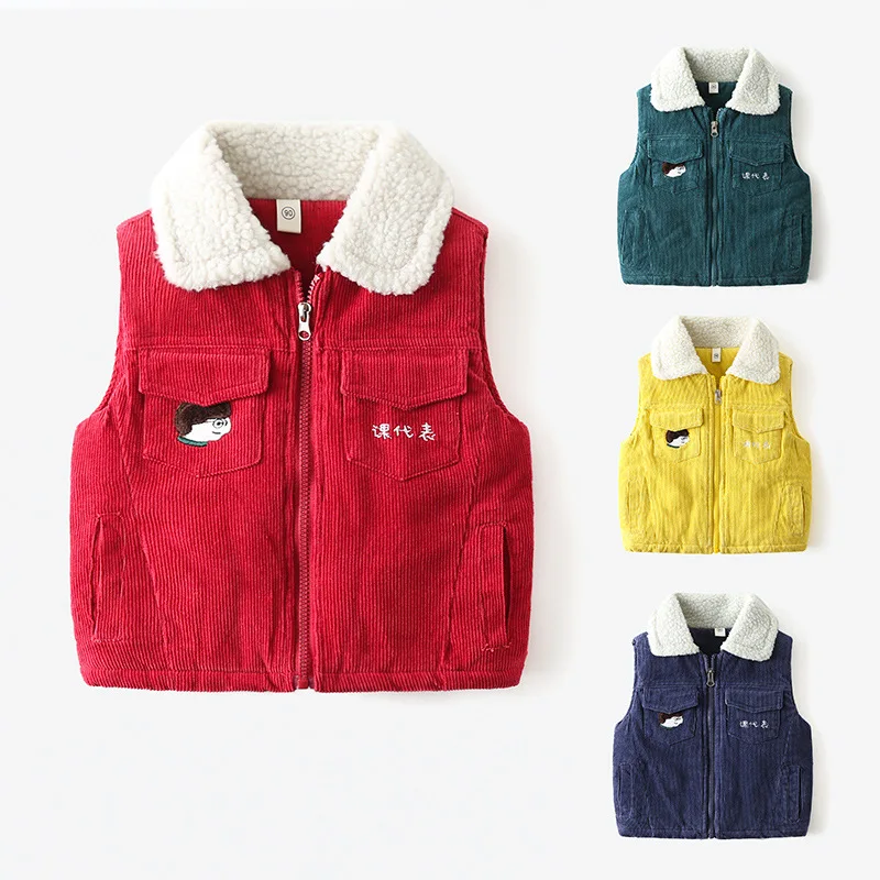 

Spring Winter New Children's Cotton Thick Warm Vest Kids Girl Boy Candy Color Fleece Collar Pocket Zipper Corduroy Tops Overcoat
