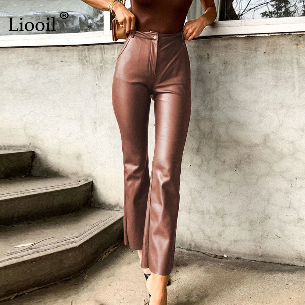 

Black Brown Faux Leather High Waist Straight Leg Pants Women Slacks Spring Sexy Trousers With Pockets Streetwear Skinny Pants