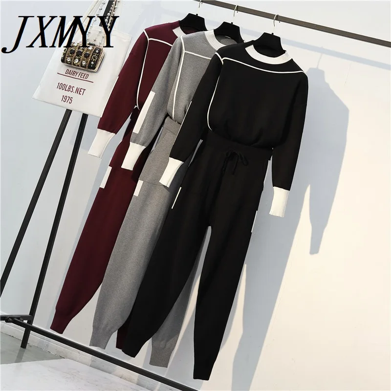 

JXMYY 2021 Autumn Runway 2 Pieces Set Knitted Long Sleeve Pullovers Sweater Casual Patchwork Knit Jumper Tops and Pants Suits
