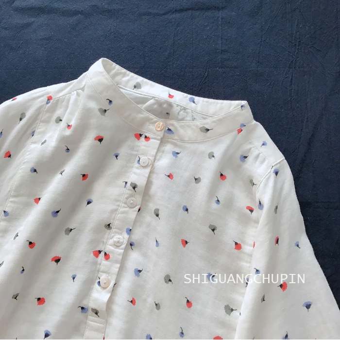 

2020 New Summer Women Blouse Japan Style Literary Cotton floral Print Stand Collar Batwing Sleeve Pullover Shirt Women