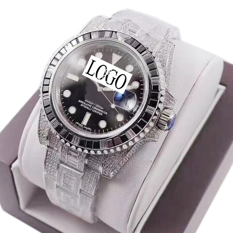 

Iced out top quality watch Black Sub-marinr Full Diamonds Clasp Sapphire glass Automatic ETA Noob 3135 movement 1:1