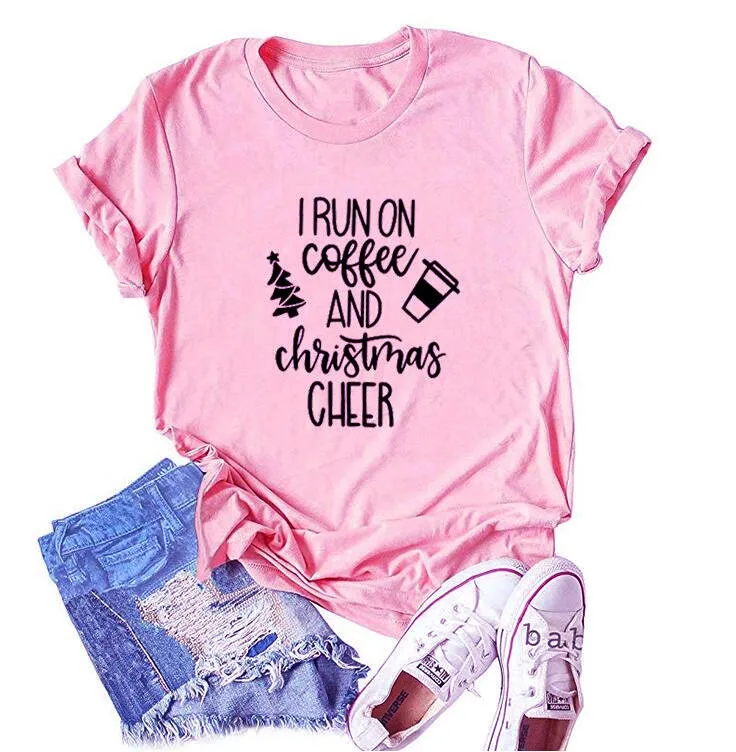 

100% Cotton Women T Shirt Run On Coffee Christmas Cheer Printed Tshirt Ladies Short Sleeve Tee Shirt Women Female Tops Clothes