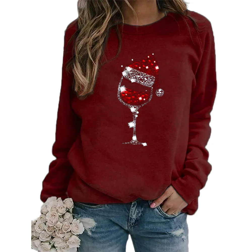 

Women’s Christmas Pullovers, Glitter Santa Hat Red Wine Glass Print Long Sleeve Crewneck Loose Sweatshirts Blingbling