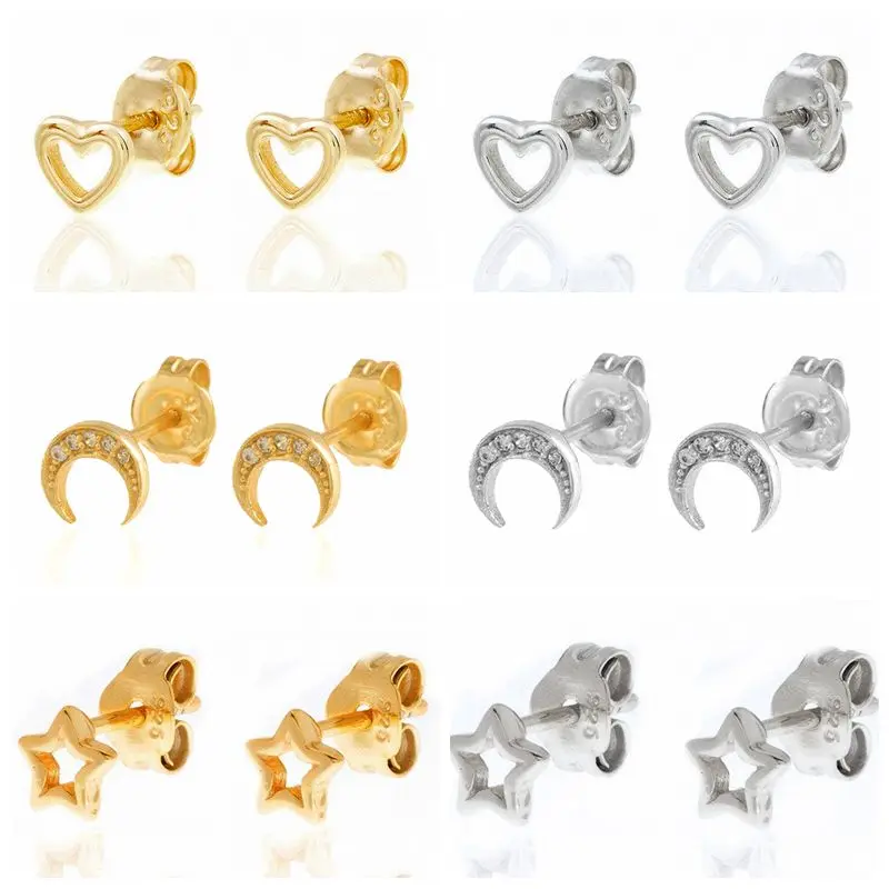 

Simple Cute Mini Heart/Moon/Star Stud Earrings For Women 925 Sterling Silver Zircon Korean INS Earrings Girl's Fashion Gift