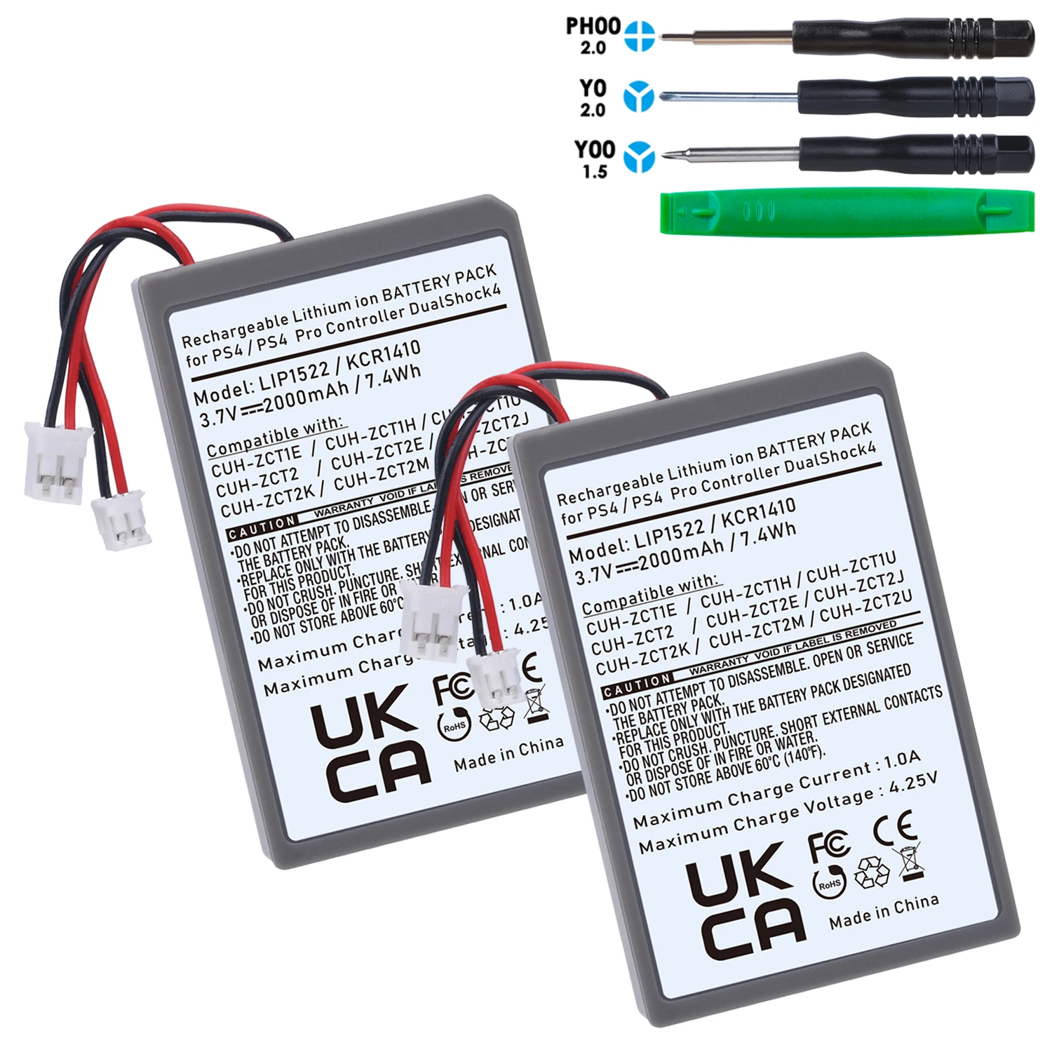 

2-Pack 2000mAh Battery for Sony PS4, PS4 Pro slim Dualshock 4 V1 V2 Wireless Controller LIP1522 / KCR1410 Battery with Tools