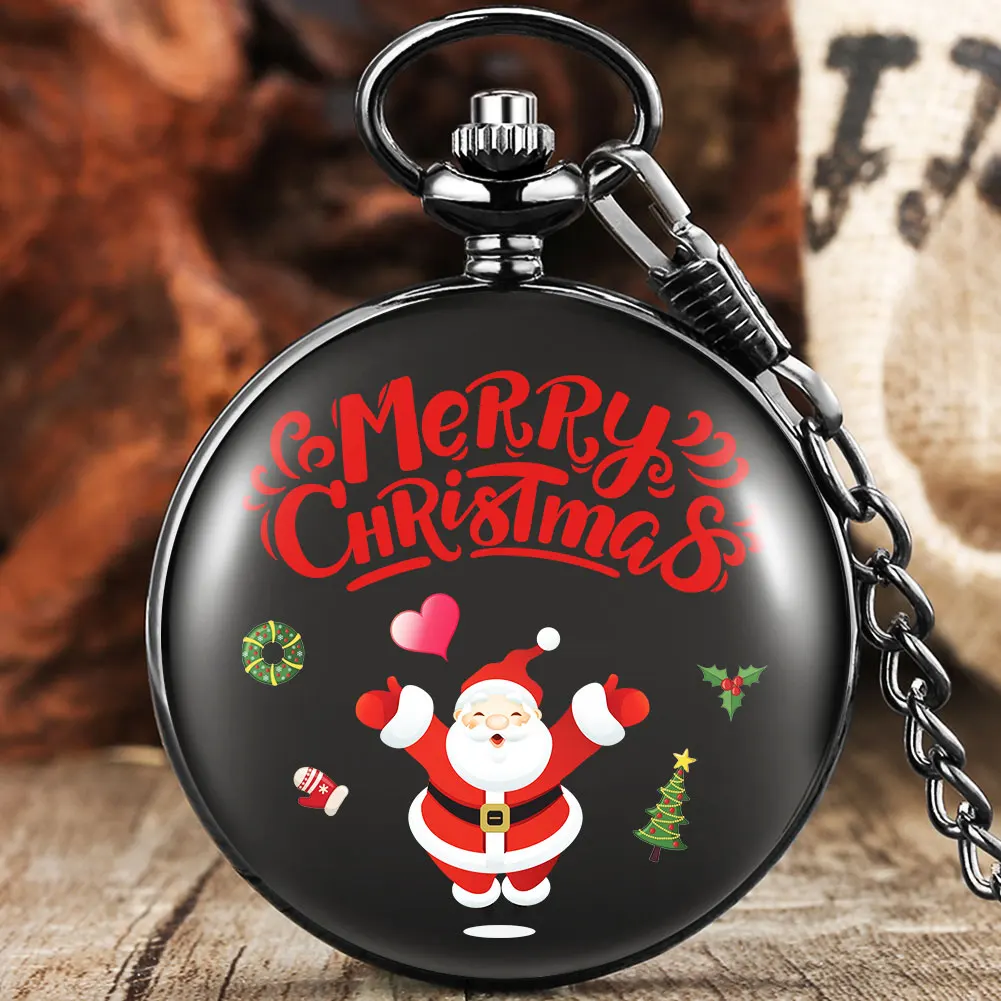 

Xmas Themed Printed Smooth Black Quartz Pocket Watch with Thick Pocket Chain Christmas Gifts for Men Women Kids