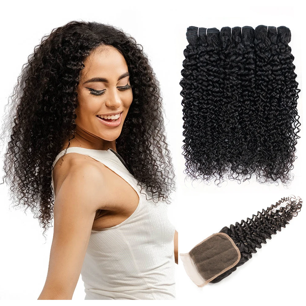 Jerry Curly 2/3 Bundles With 4x4 Lace Closure Natural Black 10-26 inch Quality Remy Human Hair Weave Extensions BOBBI COLLECTION