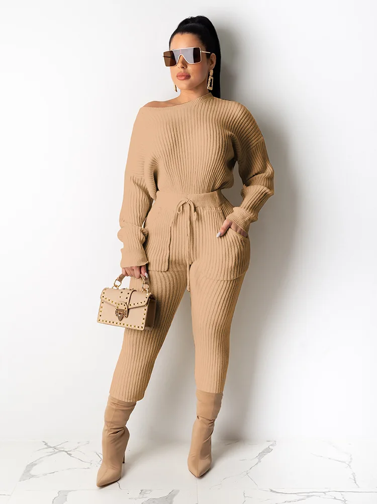 

Echoine Solid Knit Ribbed Sexy Off Shoulder Tops and Pencil Pants with Pocket Two Piece Set Women Sporty Tracksuit Club Outwear